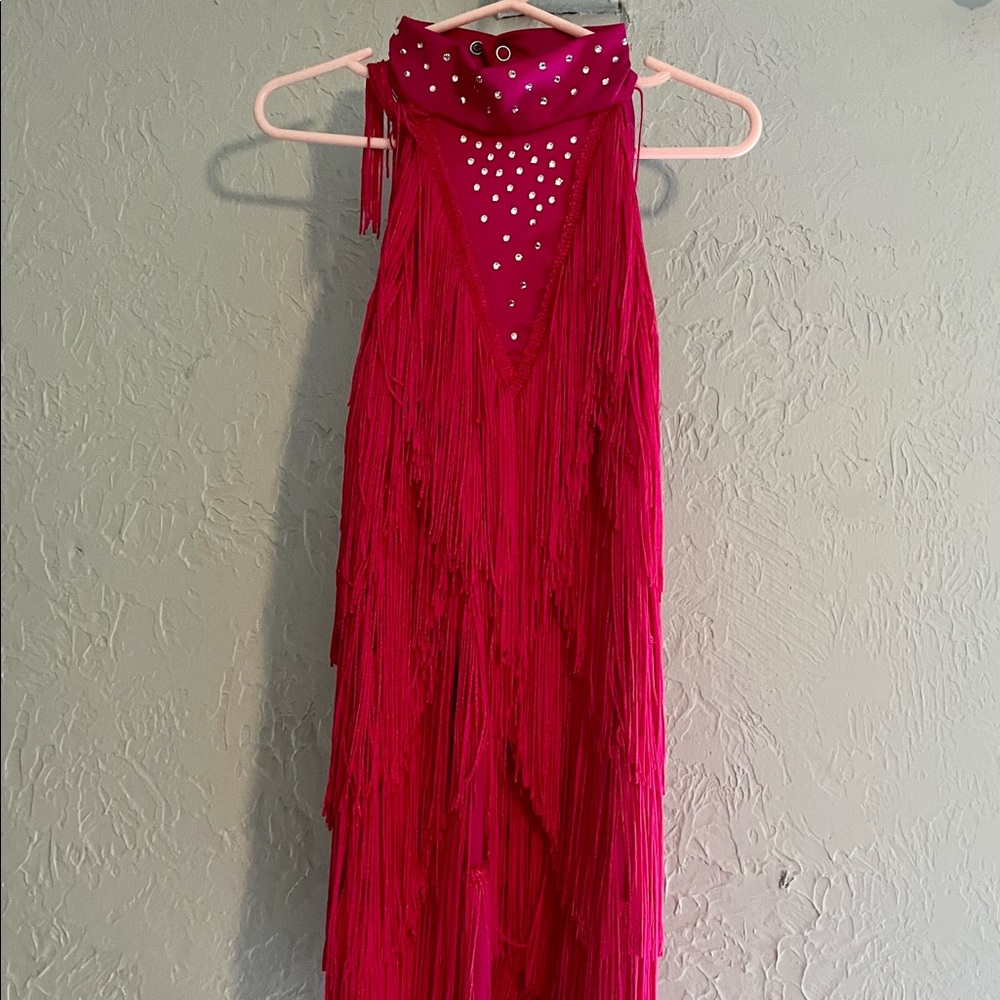 Medium Child Weissman Lipstick Pink Sequined Jazz Dance Costume with Fringe.